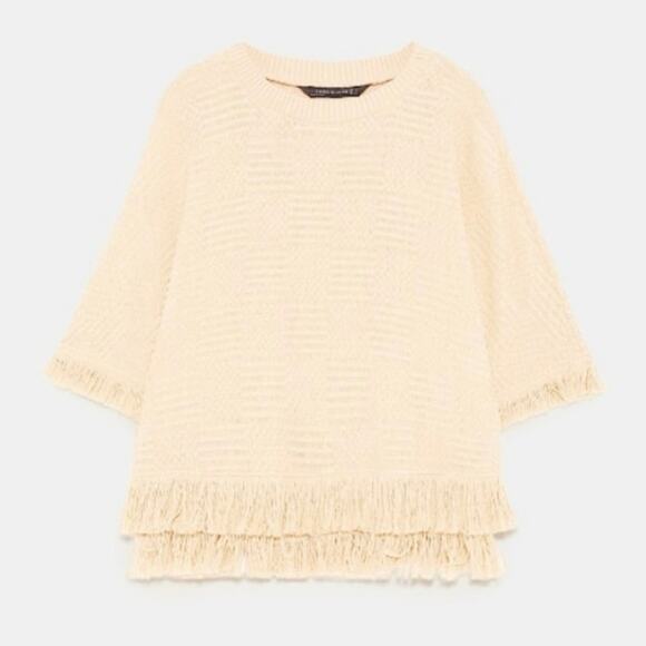 Zara Cream Beige Tweed Knit Fringe Crewneck Short Sleeve Sweater Top Size XS - Picture 11 of 11